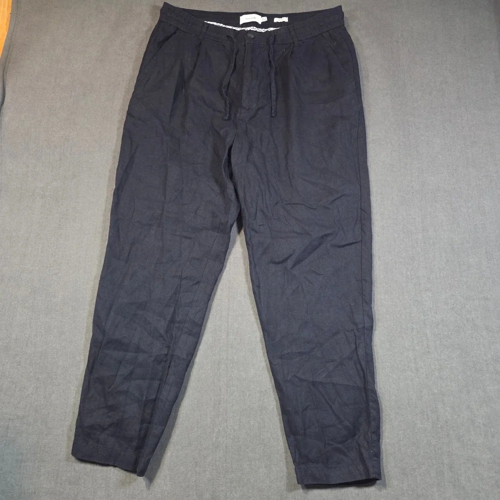 Porter & Ash Linen Blend Pants Mens XL Navy Blue Drawstring Trousers Casual